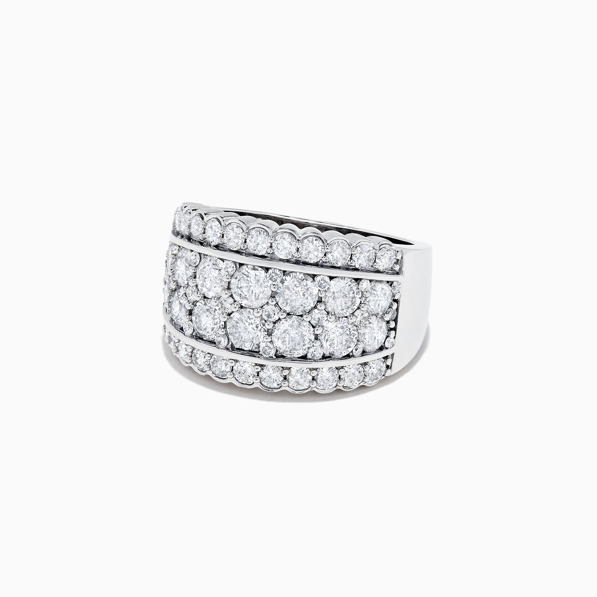 The Pave Classica 14K White Gold Diamond Wide Band Ring, 1.54 TCW, showcases three rows of brilliant-cut diamonds with outer borders of smaller stones, all set symmetrically in polished white gold.