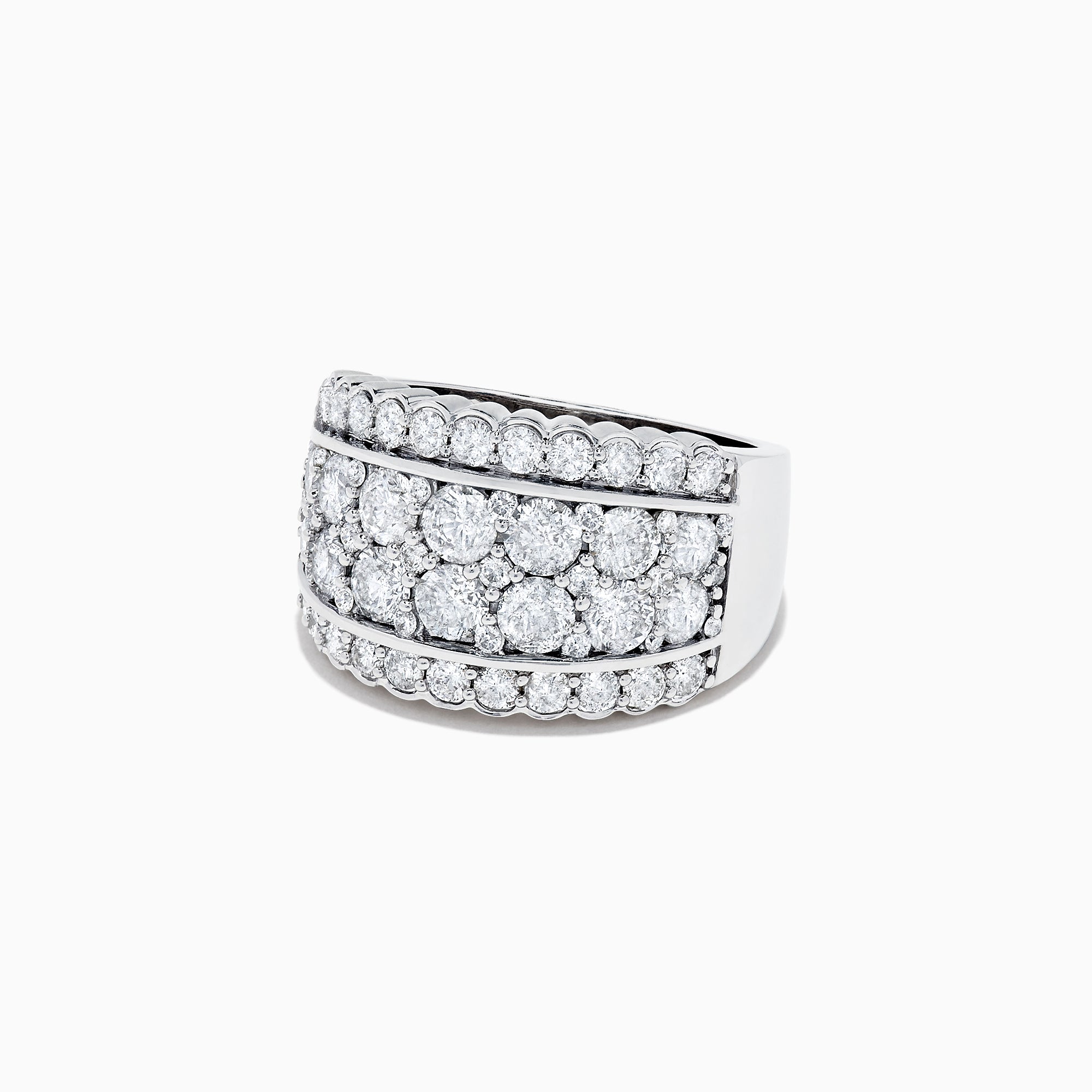The Pave Classica 14K White Gold Diamond Wide Band Ring, 1.54 TCW, showcases three rows of brilliant-cut diamonds with outer borders of smaller stones, all set symmetrically in polished white gold.