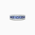 The Nahla Siri 14K White Gold Tanzanite and Diamond Ring, 1.54 TCW, features a central row of round blue tanzanites accented by two rows of sparkling diamonds on each side.