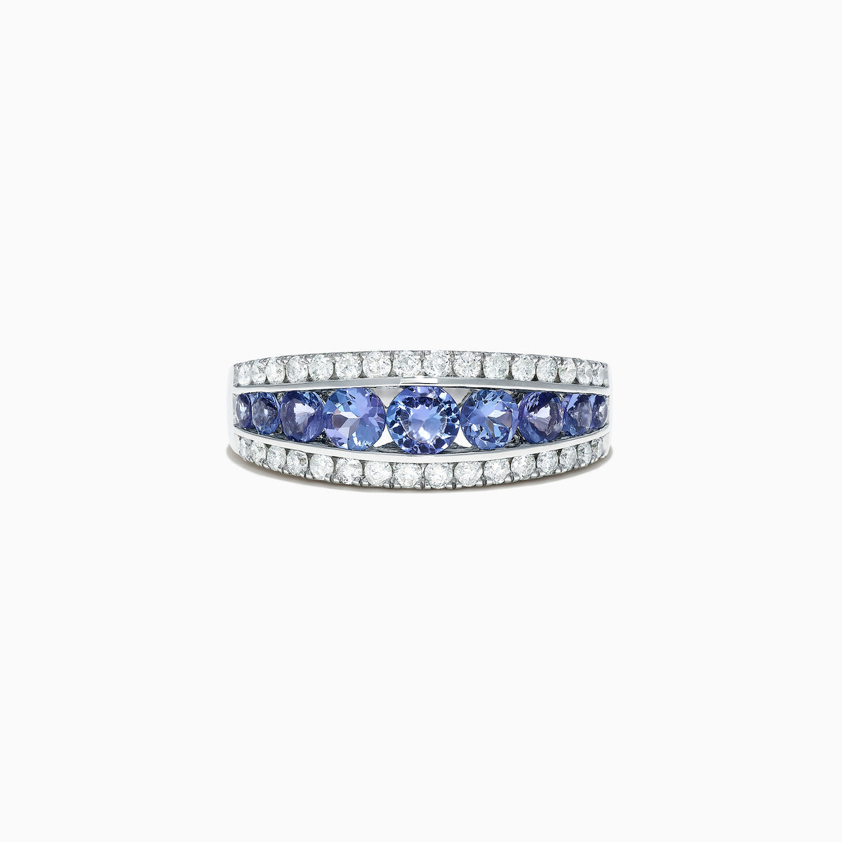 The Nahla Siri 14K White Gold Tanzanite and Diamond Ring, 1.54 TCW, features a central row of round blue tanzanites accented by two rows of sparkling diamonds on each side.