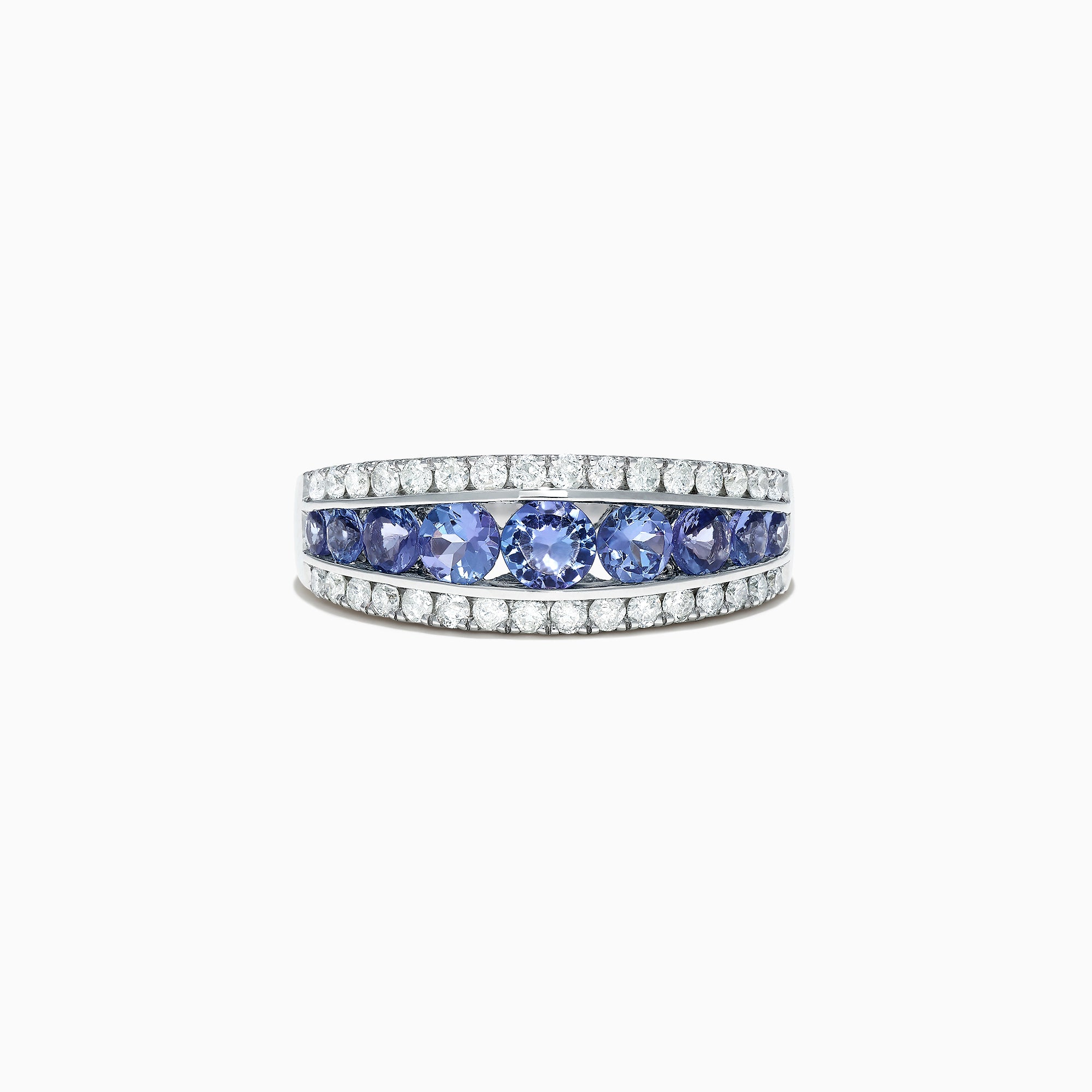 The Nahla Siri 14K White Gold Tanzanite and Diamond Ring, 1.54 TCW, features a central row of round blue tanzanites accented by two rows of sparkling diamonds on each side.