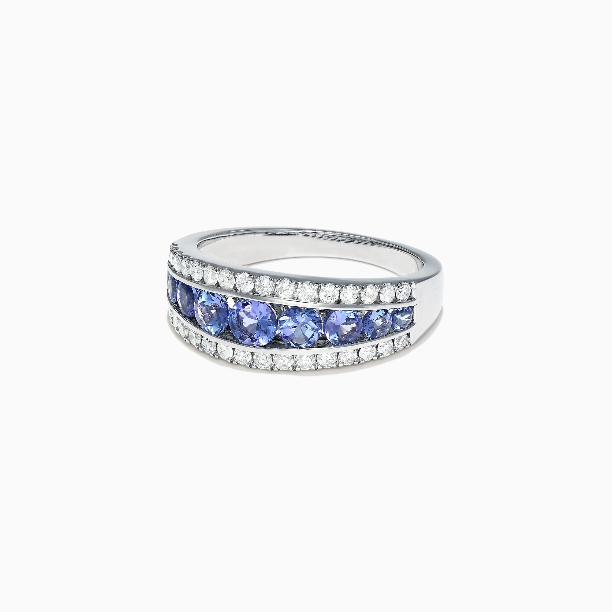 The Nahla Siri 14K White Gold Tanzanite and Diamond Ring, 1.54 TCW, features a central row of round blue tanzanites accented by two rows of sparkling diamonds on each side.