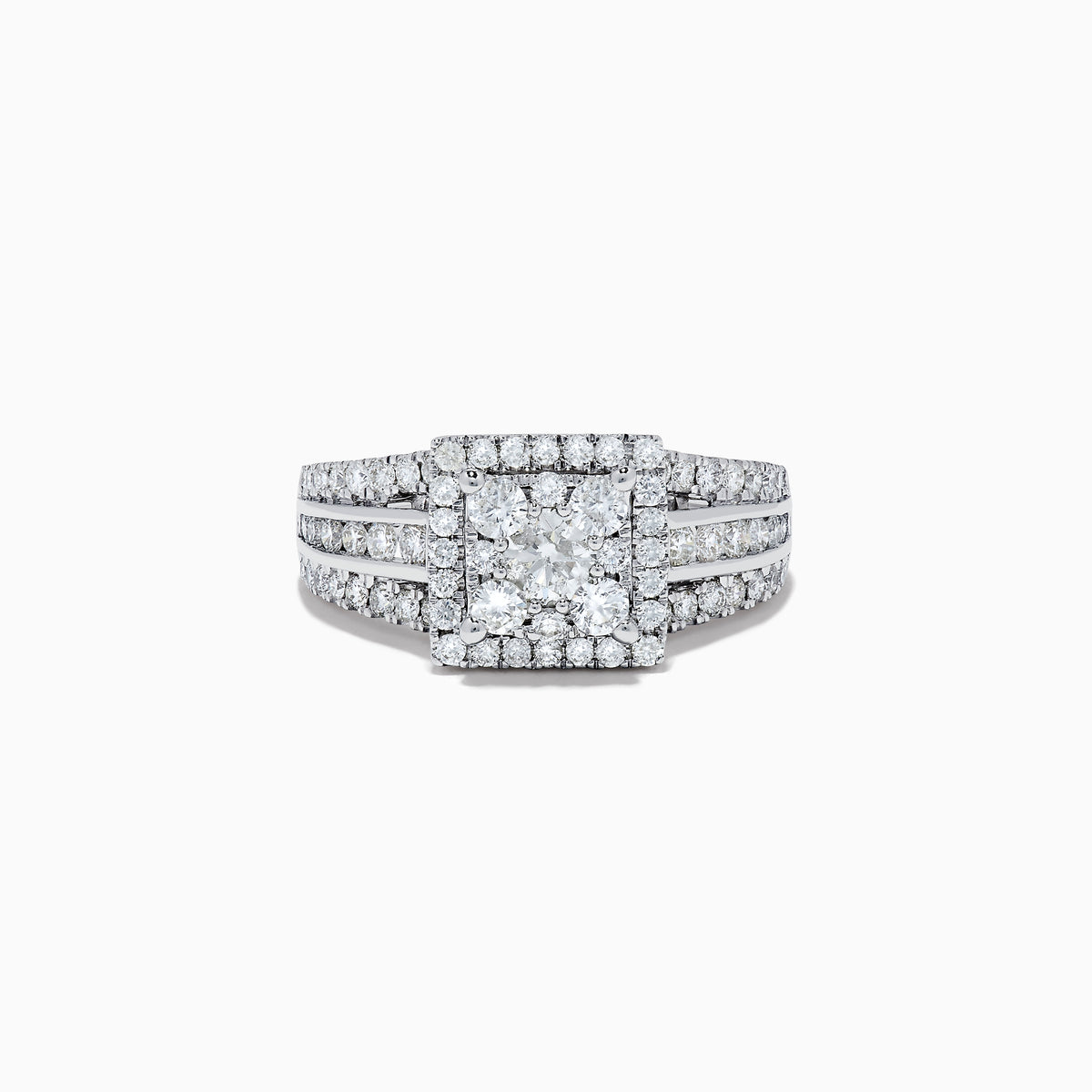 The Bouquet 14K White Gold Diamond Cluster Ring 1.4 TCW features a square-cut center diamond with a double halo and split shank band, all set with diamonds, shown on a plain white background.