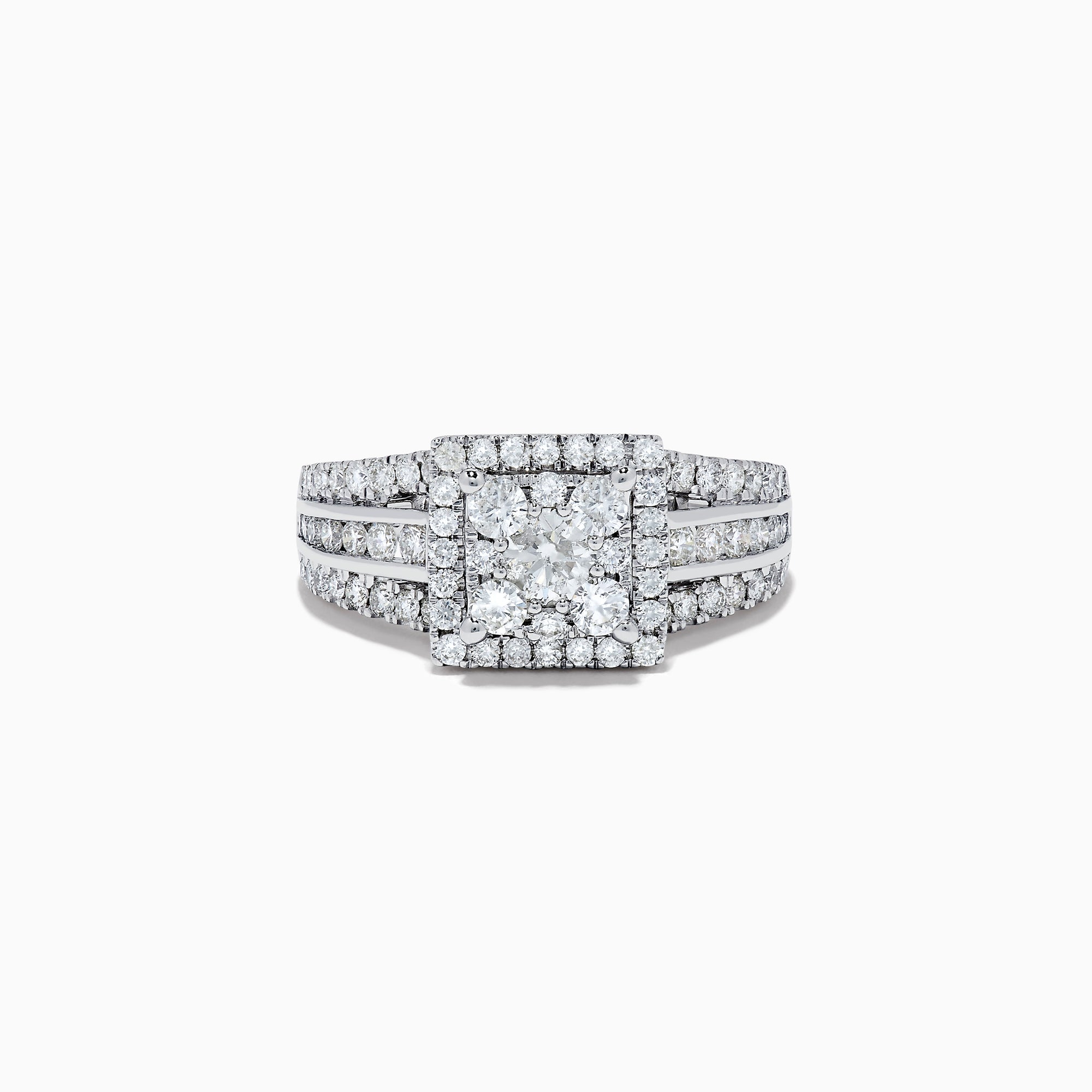 The Bouquet 14K White Gold Diamond Cluster Ring 1.4 TCW features a square-cut center diamond with a double halo and split shank band, all set with diamonds, shown on a plain white background.