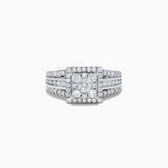 The Bouquet 14K White Gold Diamond Cluster Ring 1.4 TCW features a square-cut center diamond with a double halo and split shank band, all set with diamonds, shown on a plain white background.