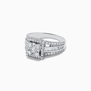 The Bouquet 14K White Gold Diamond Cluster Ring 1.4 TCW features a square-cut center diamond with a double halo and split shank band, all set with diamonds, shown on a plain white background.