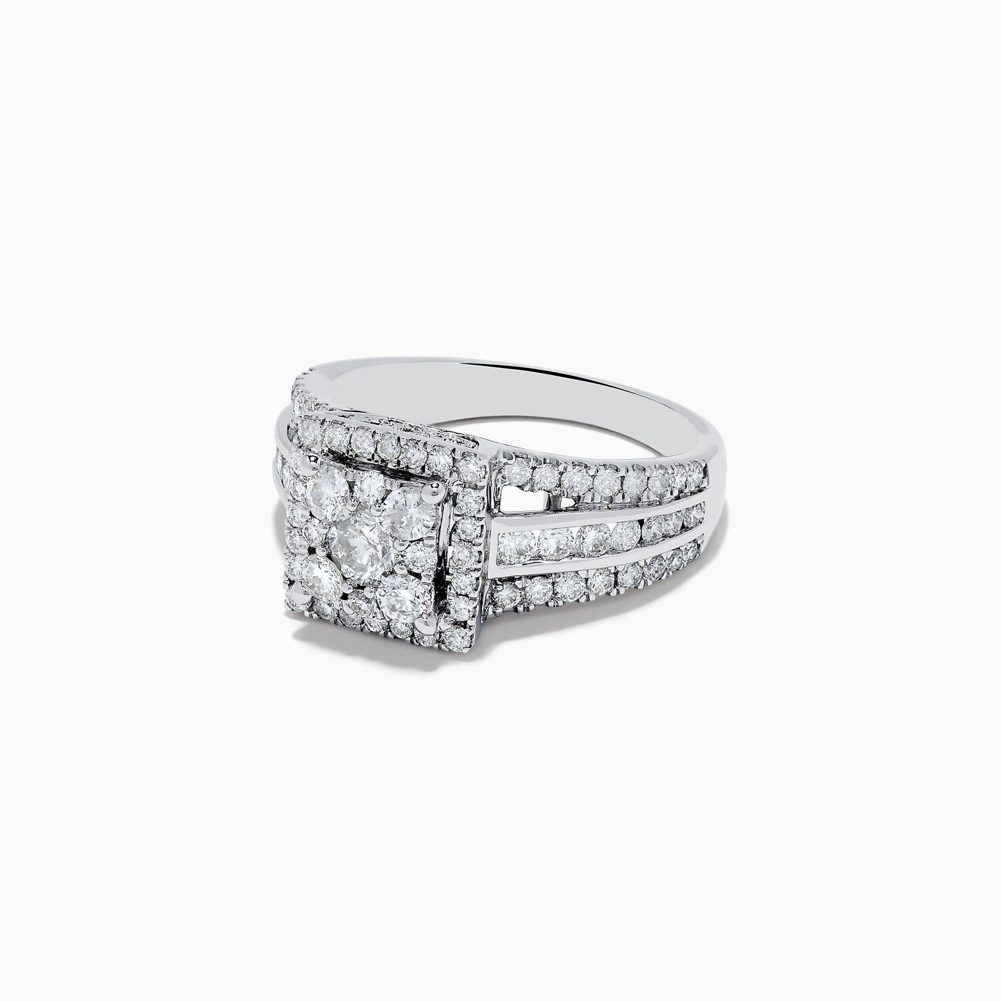 The Bouquet 14K White Gold Diamond Cluster Ring 1.4 TCW features a square-cut center diamond with a double halo and split shank band, all set with diamonds, shown on a plain white background.