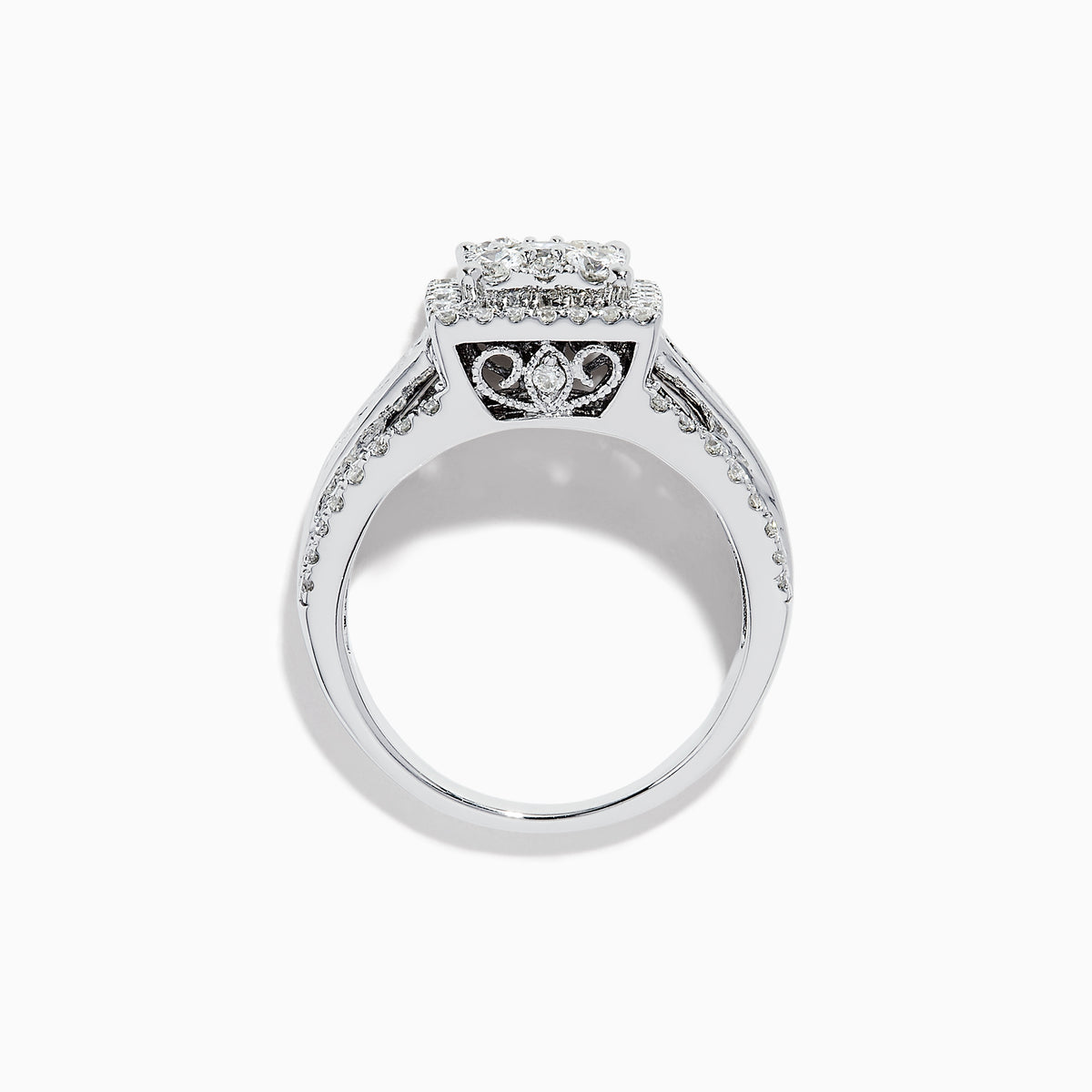 The Bouquet 14K White Gold Diamond Cluster Ring 1.4 TCW features a square-cut center diamond with a double halo and split shank band, all set with diamonds, shown on a plain white background.