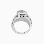 The Bouquet 14K White Gold Diamond Cluster Ring 1.4 TCW features a square-cut center diamond with a double halo and split shank band, all set with diamonds, shown on a plain white background.