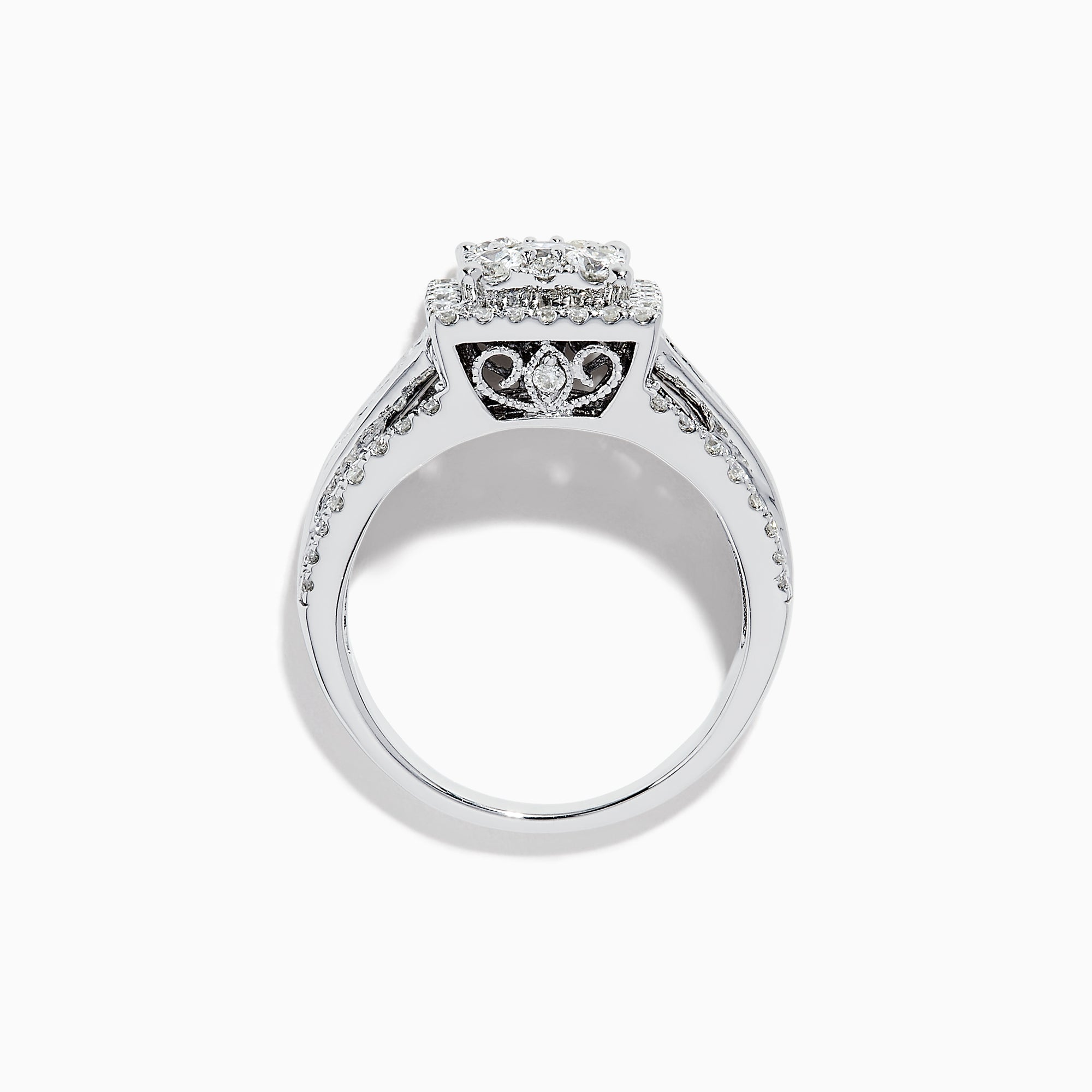 The Bouquet 14K White Gold Diamond Cluster Ring 1.4 TCW features a square-cut center diamond with a double halo and split shank band, all set with diamonds, shown on a plain white background.