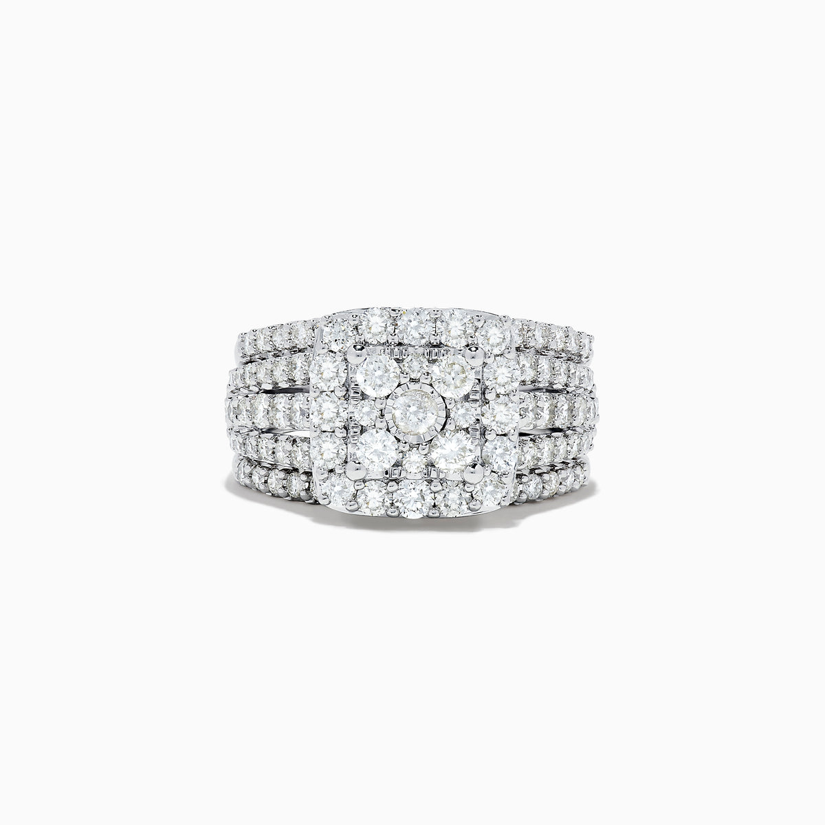 The Bouquet 14K White Gold Diamond Ring Set showcases a large square cluster of round diamonds at the center, with extra diamonds along its multi-band design, set against a white background.