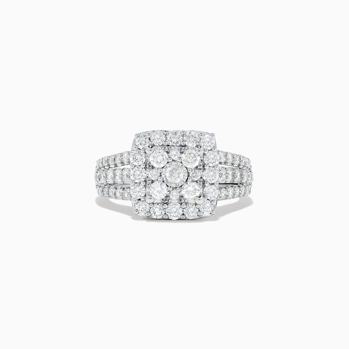The Bouquet 14K White Gold Diamond Ring Set showcases a large square cluster of round diamonds at the center, with extra diamonds along its multi-band design, set against a white background.