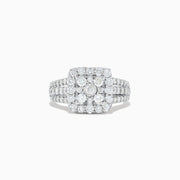 The Bouquet 14K White Gold Diamond Ring Set showcases a large square cluster of round diamonds at the center, with extra diamonds along its multi-band design, set against a white background.