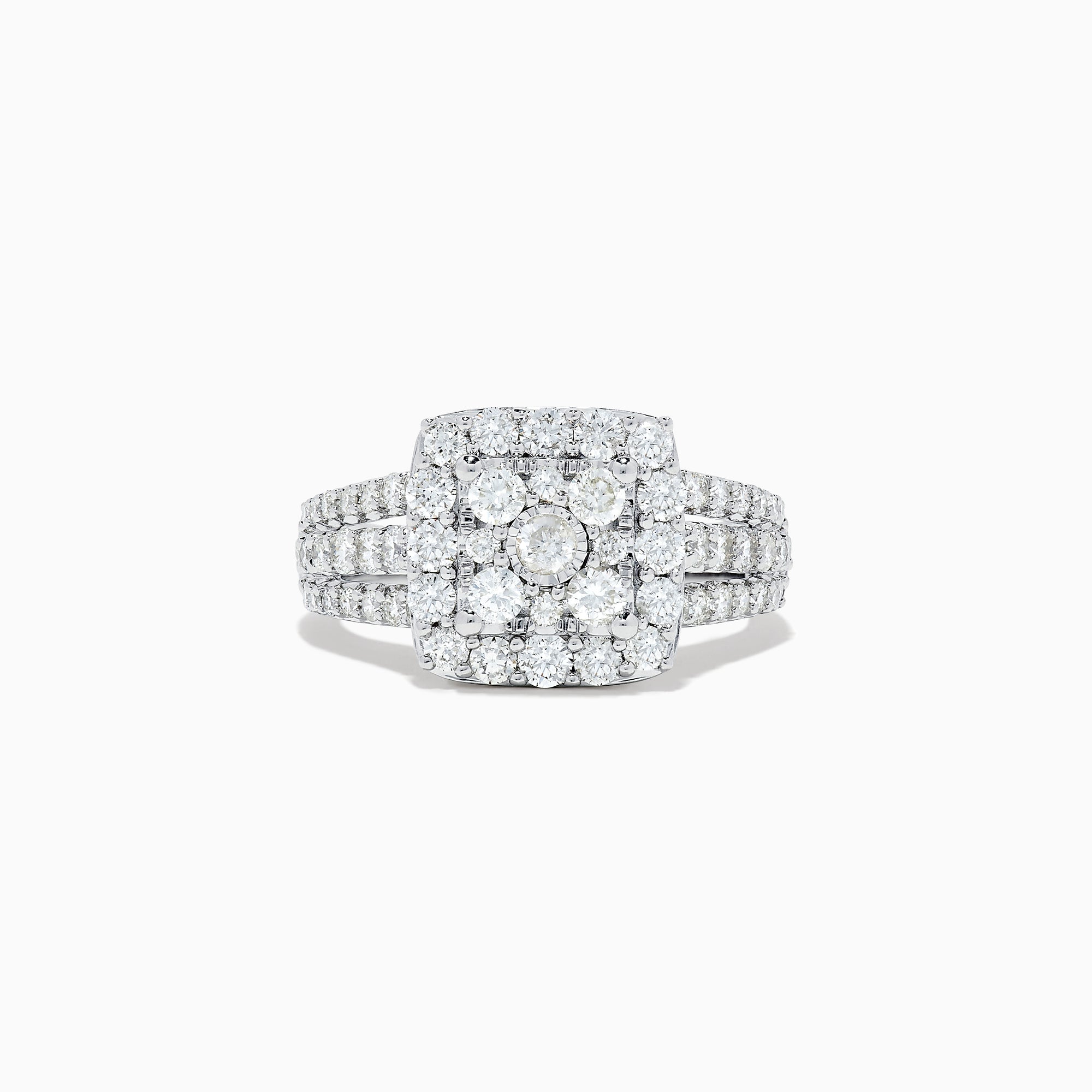 The Bouquet 14K White Gold Diamond Ring Set showcases a large square cluster of round diamonds at the center, with extra diamonds along its multi-band design, set against a white background.