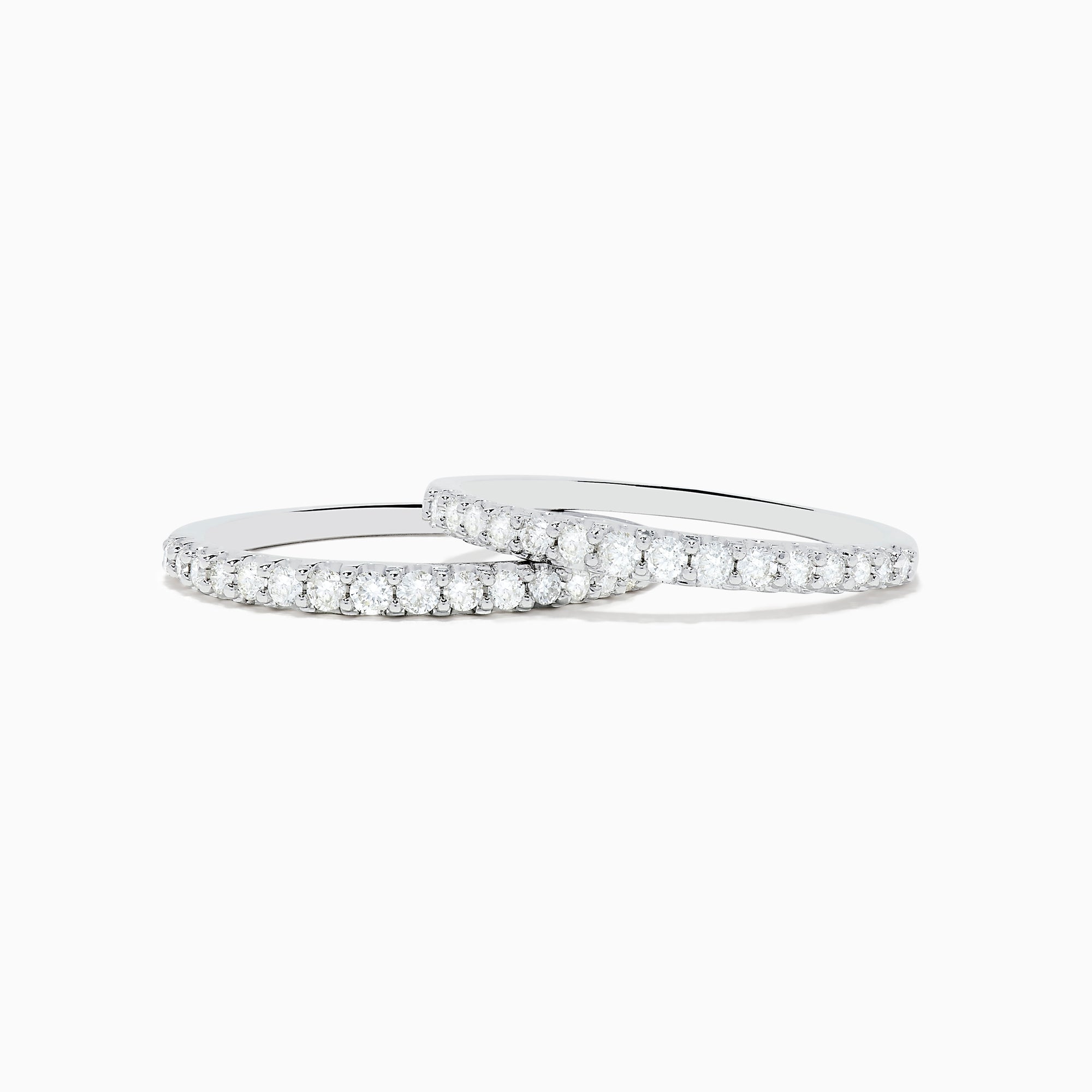 The Bouquet 14K White Gold Diamond Ring Set showcases a large square cluster of round diamonds at the center, with extra diamonds along its multi-band design, set against a white background.
