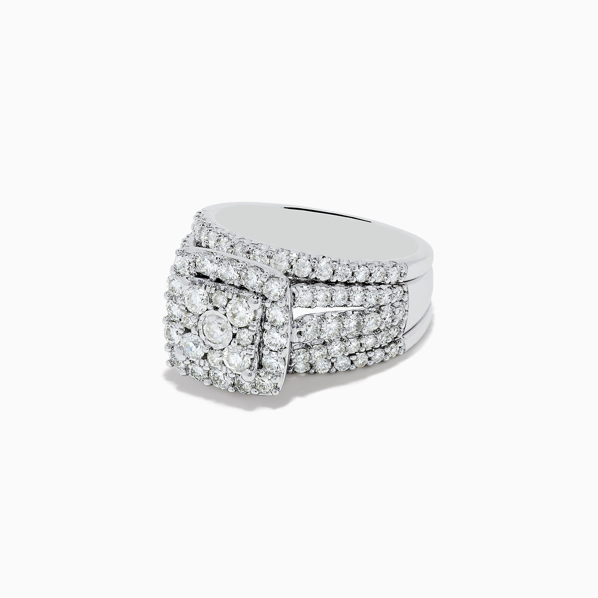 The Bouquet 14K White Gold Diamond Ring Set showcases a large square cluster of round diamonds at the center, with extra diamonds along its multi-band design, set against a white background.