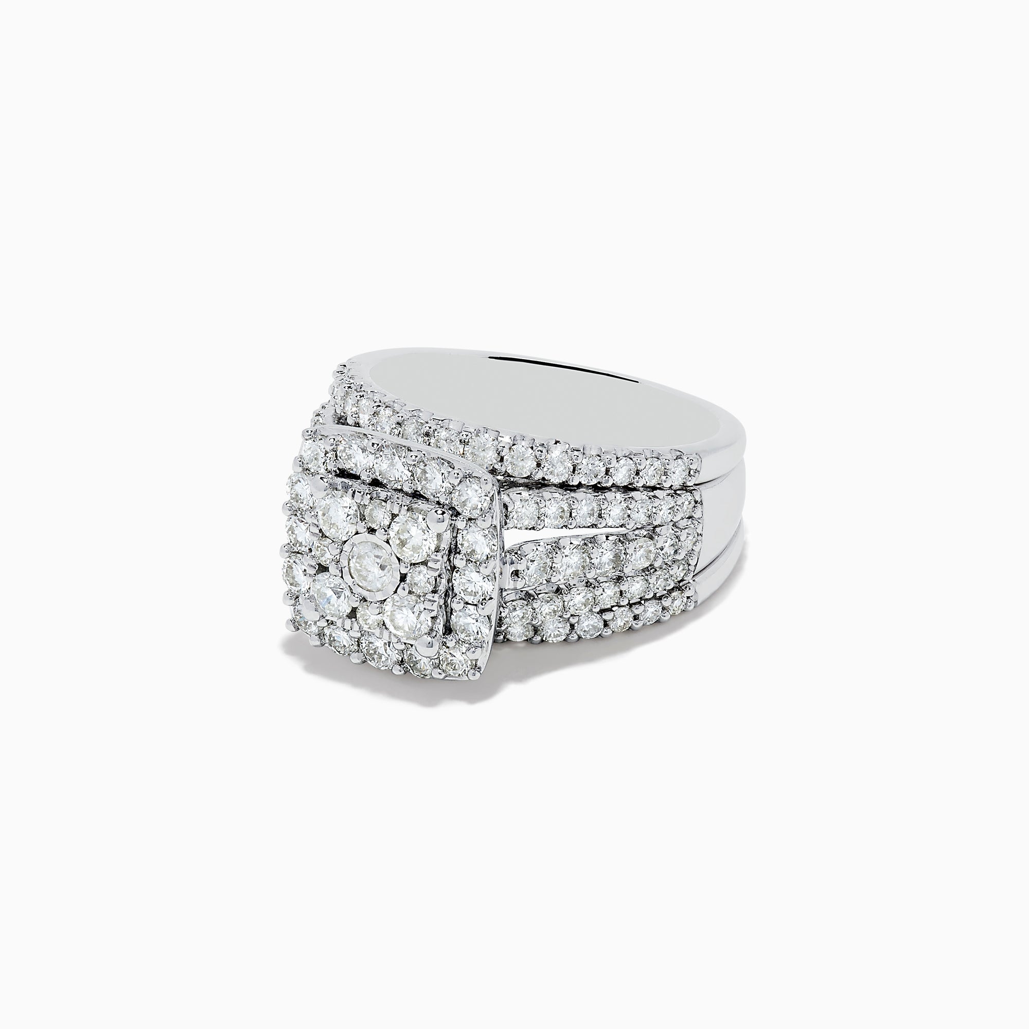 The Bouquet 14K White Gold Diamond Ring Set showcases a large square cluster of round diamonds at the center, with extra diamonds along its multi-band design, set against a white background.