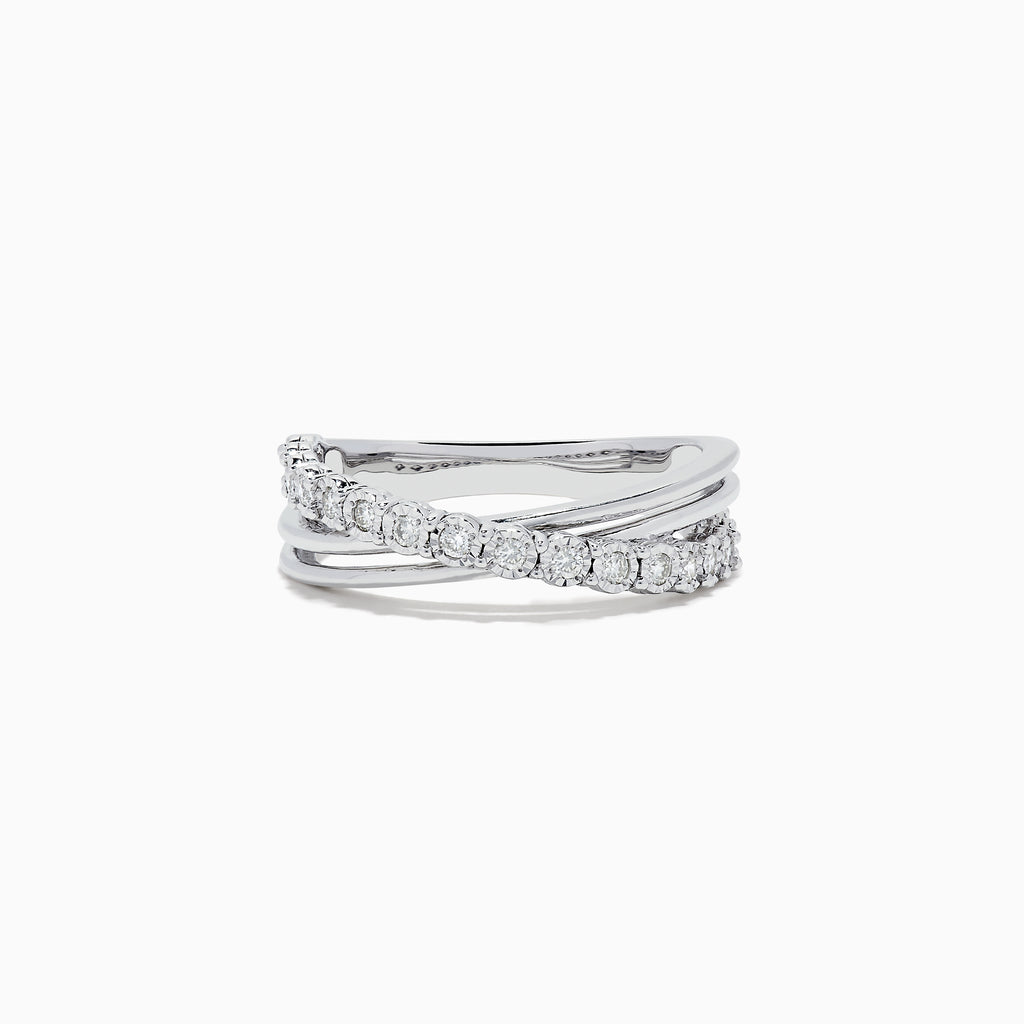 The 925 Sterling Silver Diamond Crossover Ring, 0.23 TCW, features one twisted diamond-encrusted band intertwined with a polished silver band, set against a plain white background.