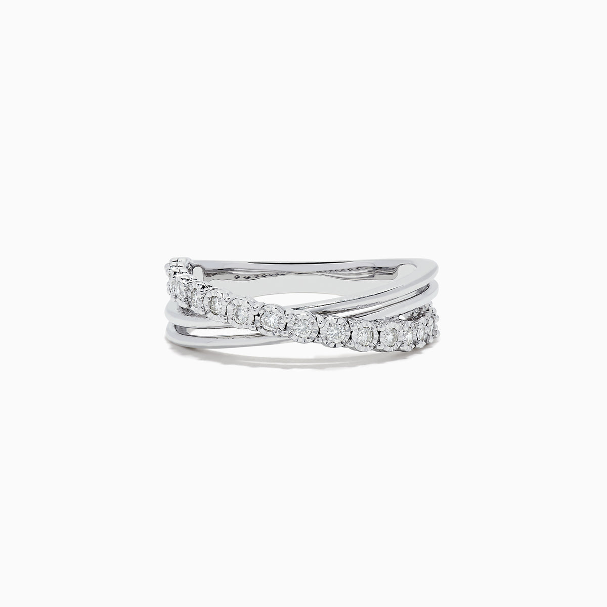 The 925 Sterling Silver Diamond Crossover Ring, 0.23 TCW, features one twisted diamond-encrusted band intertwined with a polished silver band, set against a plain white background.