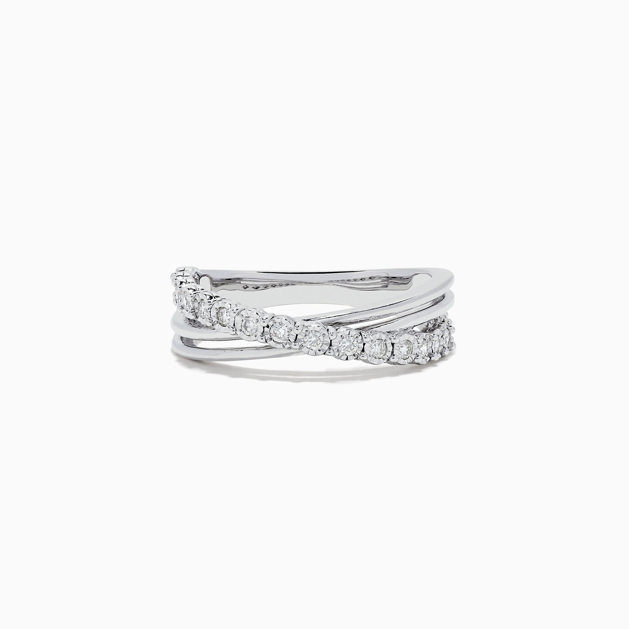 The 925 Sterling Silver Diamond Crossover Ring, 0.23 TCW, features one twisted diamond-encrusted band intertwined with a polished silver band, set against a plain white background.