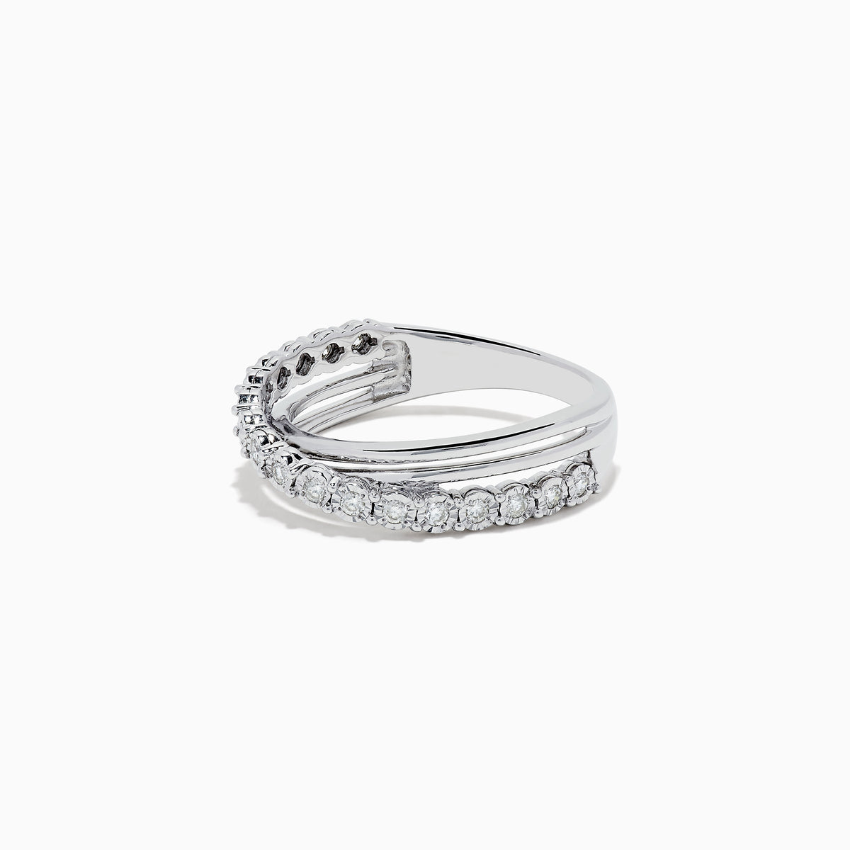 The 925 Sterling Silver Diamond Crossover Ring, 0.23 TCW, features one twisted diamond-encrusted band intertwined with a polished silver band, set against a plain white background.