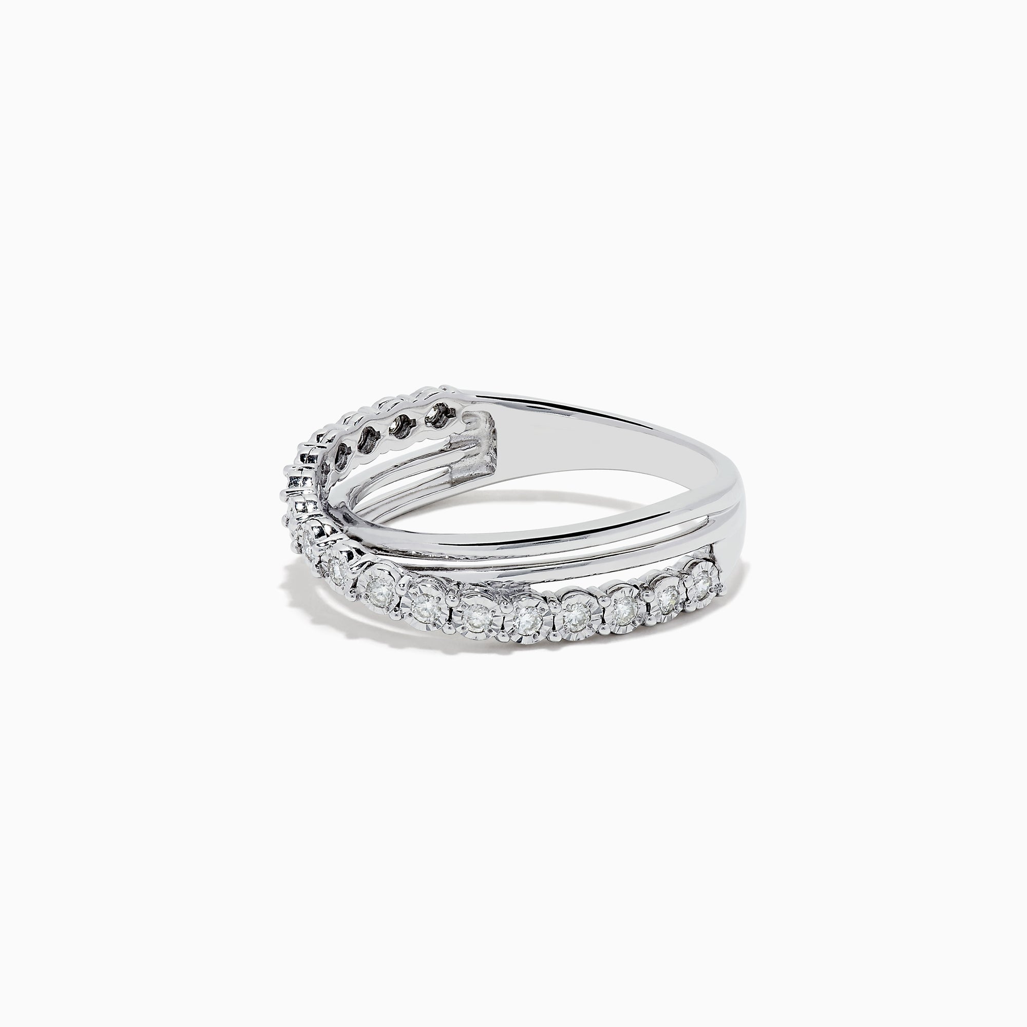 The 925 Sterling Silver Diamond Crossover Ring, 0.23 TCW, features one twisted diamond-encrusted band intertwined with a polished silver band, set against a plain white background.