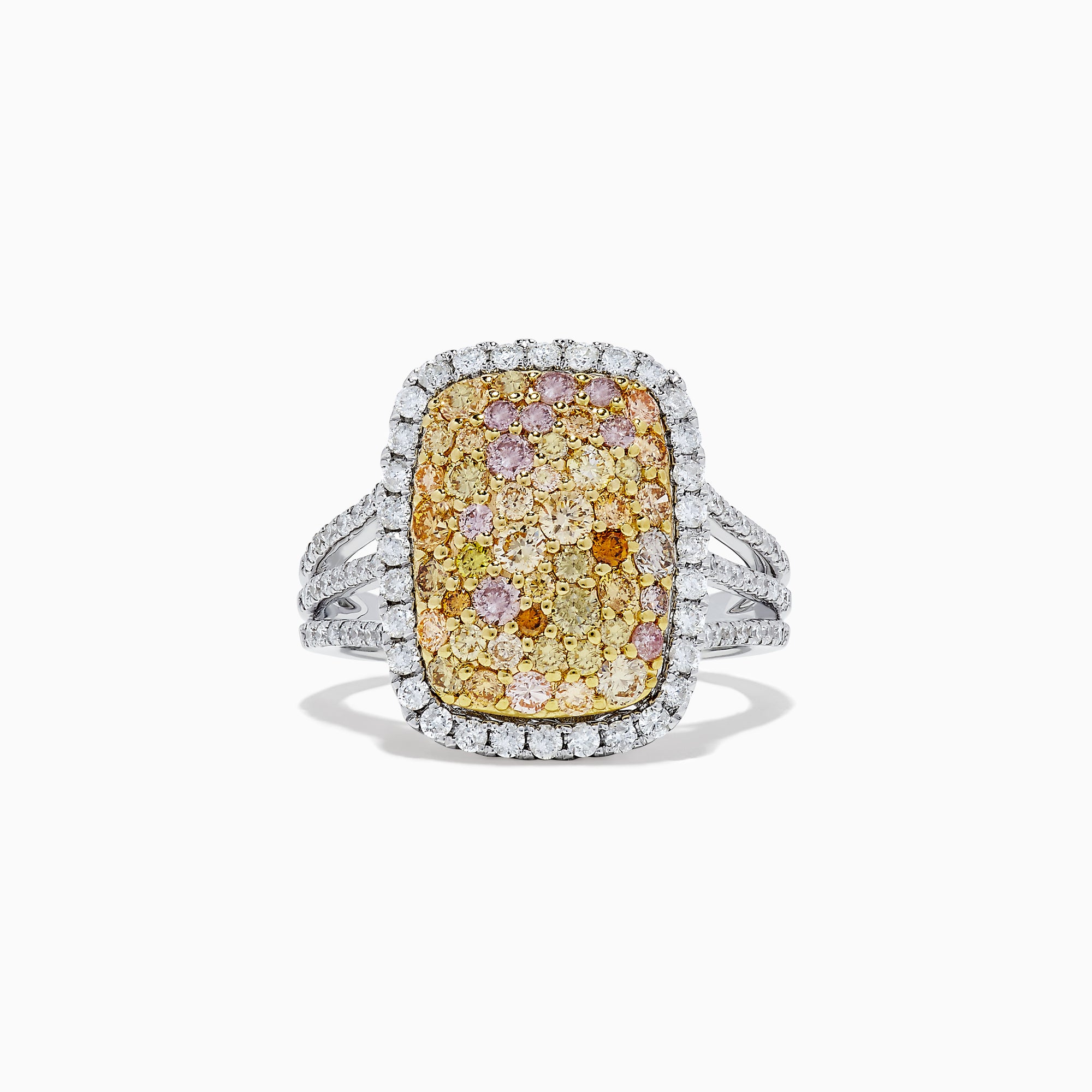 The Effy 14K Two Tone Gold Yellow and White Diamond Ring, 1.60 TCW, features a rectangular cluster design with yellow and white diamonds set on a split gold band.