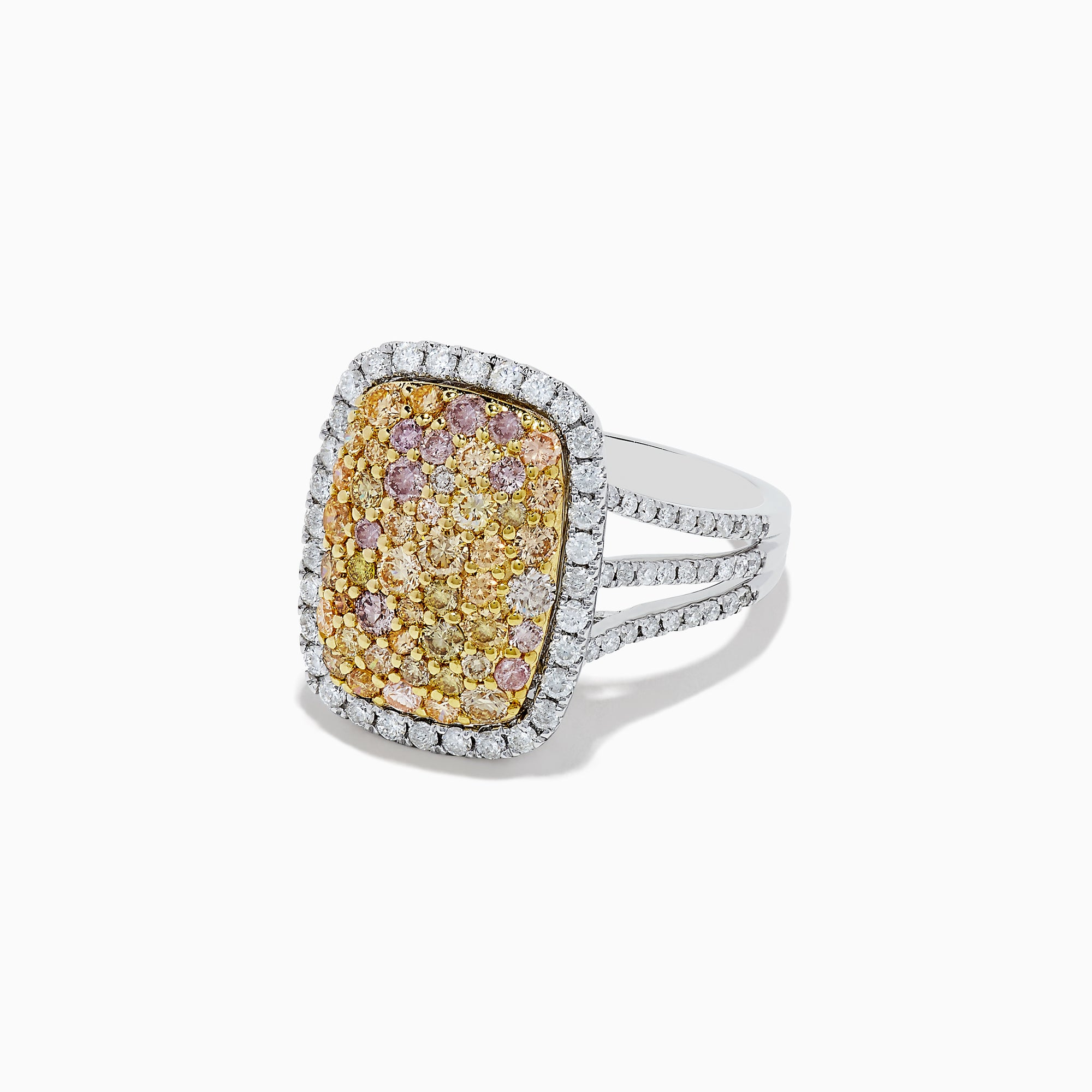 The Effy 14K Two Tone Gold Yellow and White Diamond Ring, 1.60 TCW, features a rectangular cluster design with yellow and white diamonds set on a split gold band.