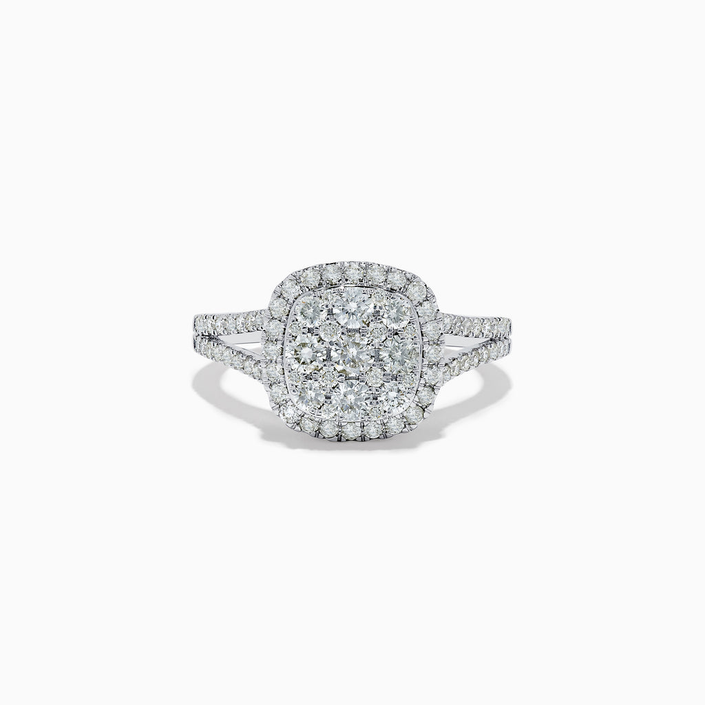 The Pave Classica 14K White Gold Square Diamond Ring 0.97 TCW features a cushion-shaped diamond cluster, a diamond halo, and a split shank pavé band, shown against a white background.
