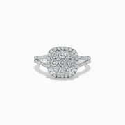 The Pave Classica 14K White Gold Square Diamond Ring 0.97 TCW features a cushion-shaped diamond cluster, a diamond halo, and a split shank pavé band, shown against a white background.
