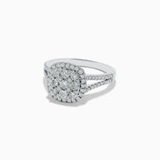 The Pave Classica 14K White Gold Square Diamond Ring 0.97 TCW features a cushion-shaped diamond cluster, a diamond halo, and a split shank pavé band, shown against a white background.