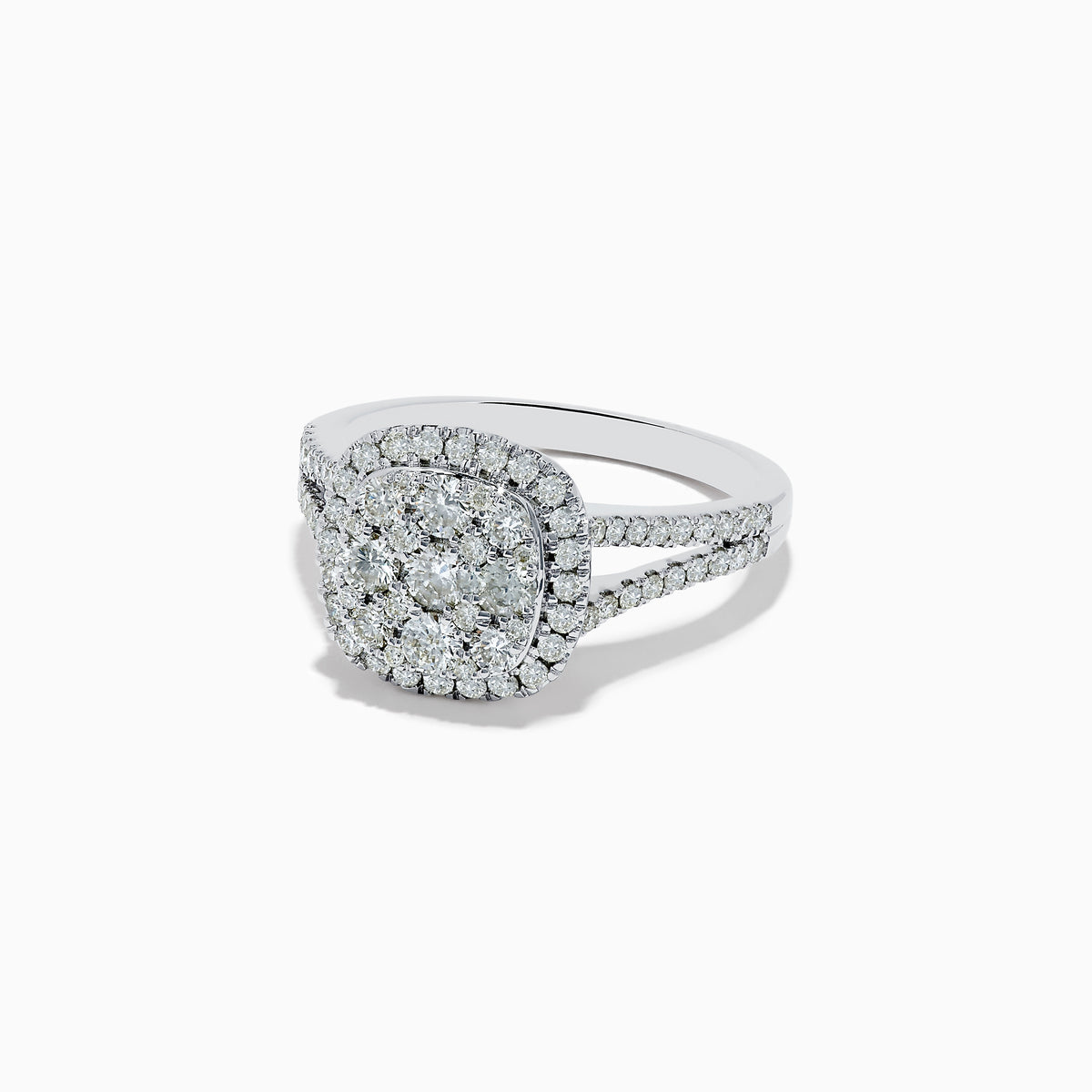 The Pave Classica 14K White Gold Square Diamond Ring 0.97 TCW features a cushion-shaped diamond cluster, a diamond halo, and a split shank pavé band, shown against a white background.