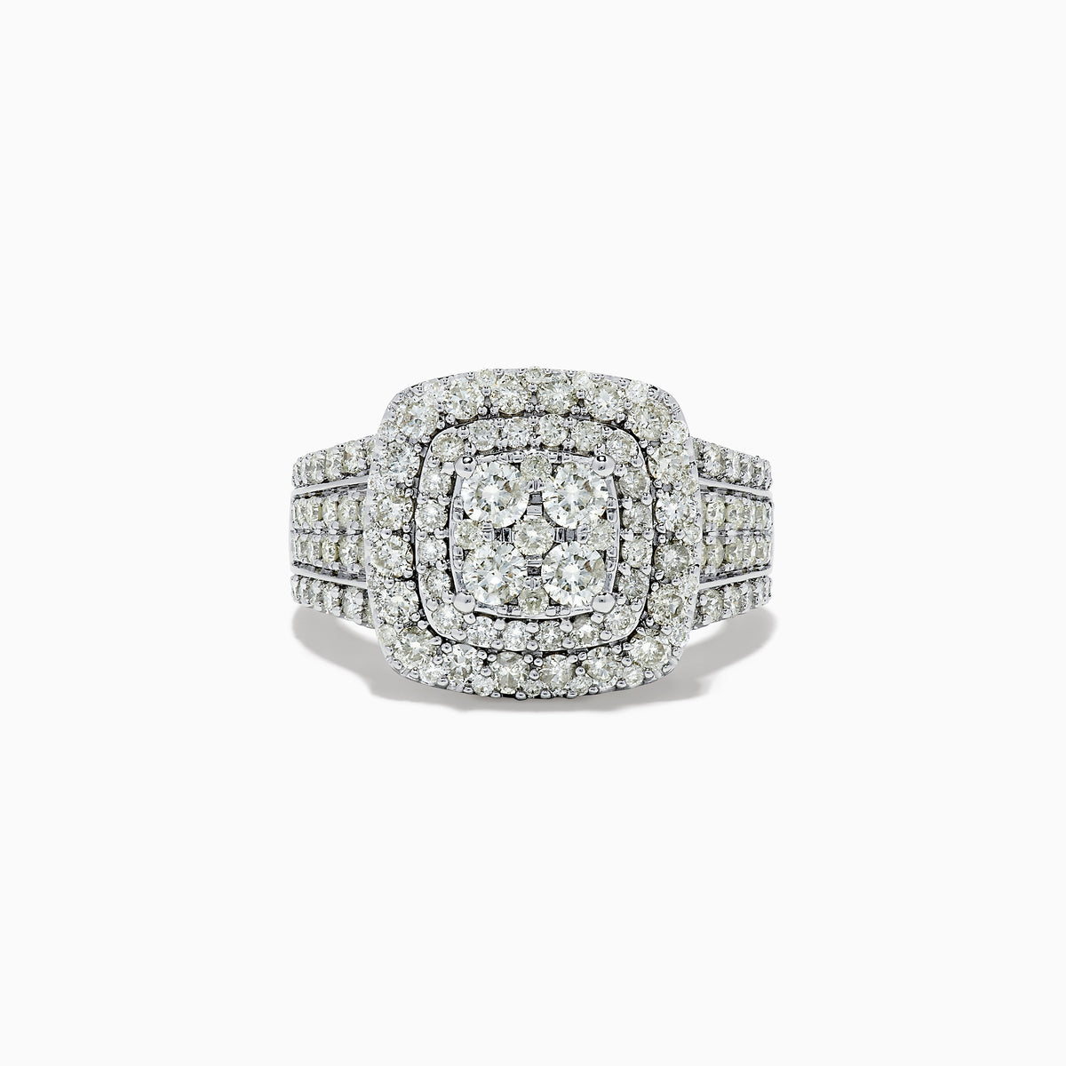 The Bouquet 14K White Gold Diamond Ring 1.96 TCW features a square diamond cluster center, two rows of accent diamonds, and a triple diamond-encrusted band, shown on a white background.