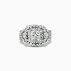 The Bouquet 14K White Gold Diamond Ring 1.96 TCW features a square diamond cluster center, two rows of accent diamonds, and a triple diamond-encrusted band, shown on a white background.