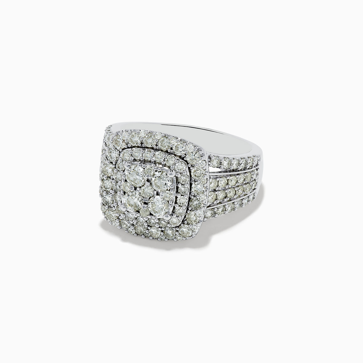 The Bouquet 14K White Gold Diamond Ring 1.96 TCW features a square diamond cluster center, two rows of accent diamonds, and a triple diamond-encrusted band, shown on a white background.