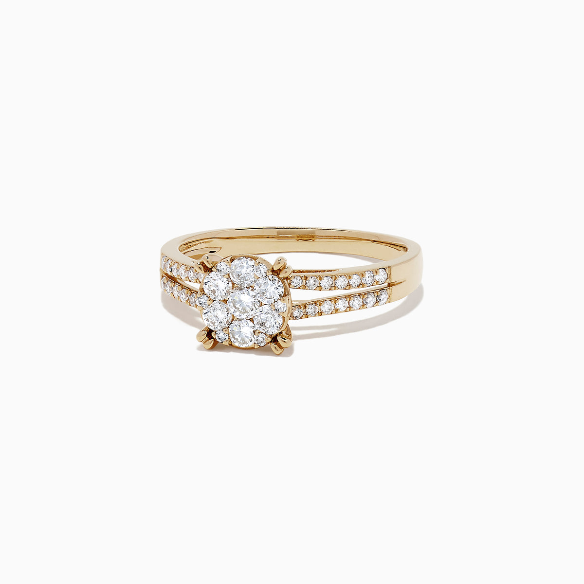 The Bouquet 14K Yellow Gold Diamond Cluster Ring, 0.56 TCW, showcases a central cluster of round diamonds with additional diamonds along the split shank band, all presented on a white background.