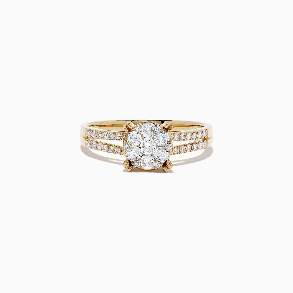 The Bouquet 14K Yellow Gold Diamond Cluster Ring, 0.56 TCW, showcases a central cluster of round diamonds with additional diamonds along the split shank band, all presented on a white background.