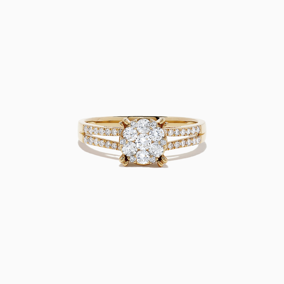 The Bouquet 14K Yellow Gold Diamond Cluster Ring, 0.56 TCW, showcases a central cluster of round diamonds with additional diamonds along the split shank band, all presented on a white background.