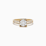 The Bouquet 14K Yellow Gold Diamond Cluster Ring, 0.56 TCW, showcases a central cluster of round diamonds with additional diamonds along the split shank band, all presented on a white background.
