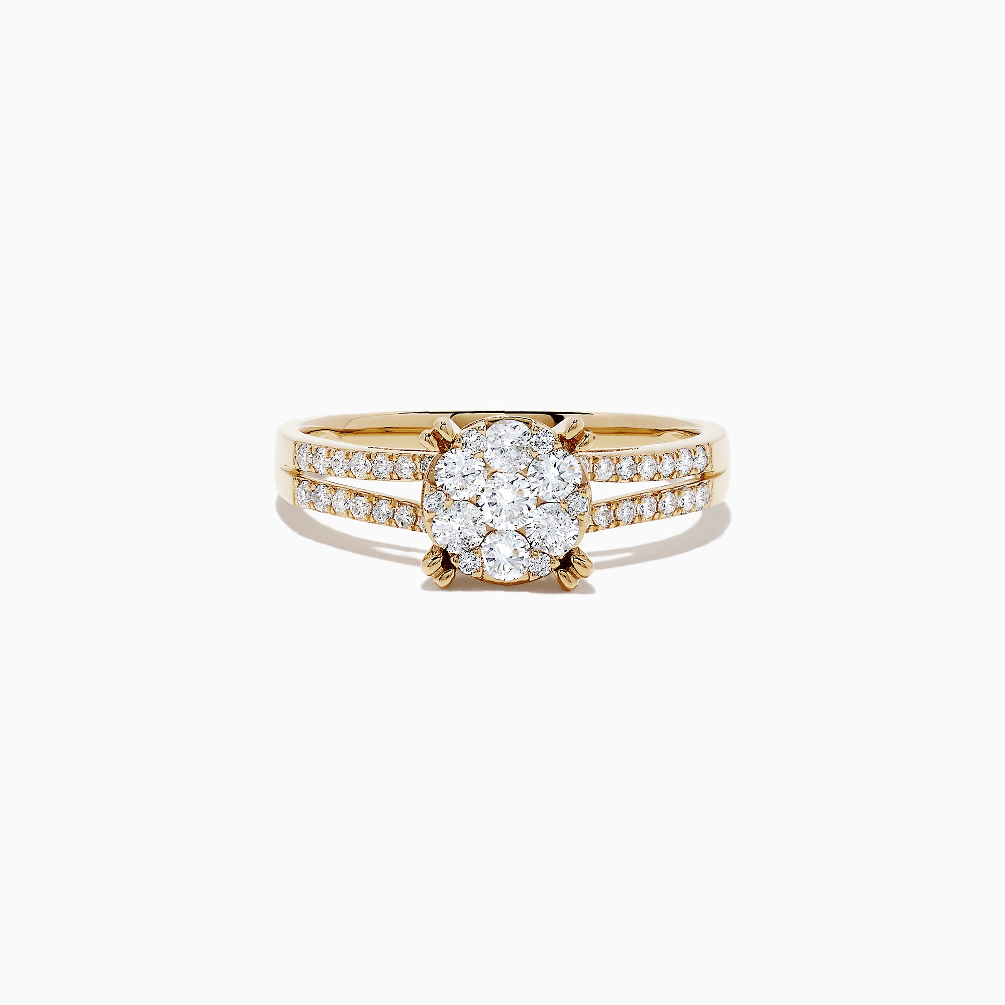 The Bouquet 14K Yellow Gold Diamond Cluster Ring, 0.56 TCW, showcases a central cluster of round diamonds with additional diamonds along the split shank band, all presented on a white background.