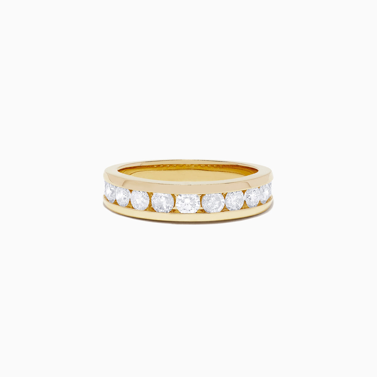 The DOro 14K Yellow Gold Channel Set Diamond Band, 0.98 TCW, showcases round-cut diamonds set in a sleek channel design and is elegantly presented on a plain white background.