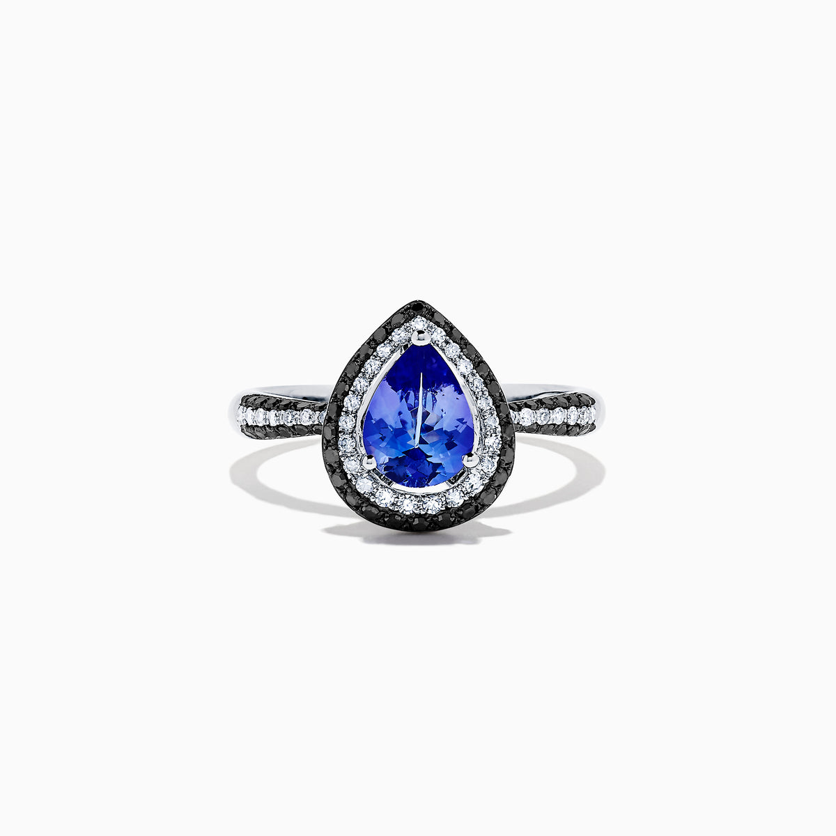 The Nahla Siri 14K White Gold Tanzanite and Diamond Ring, 1.43 TCW, features a pear-shaped blue tanzanite with a halo of white diamonds and diamond accents on the band, displayed on a white background.