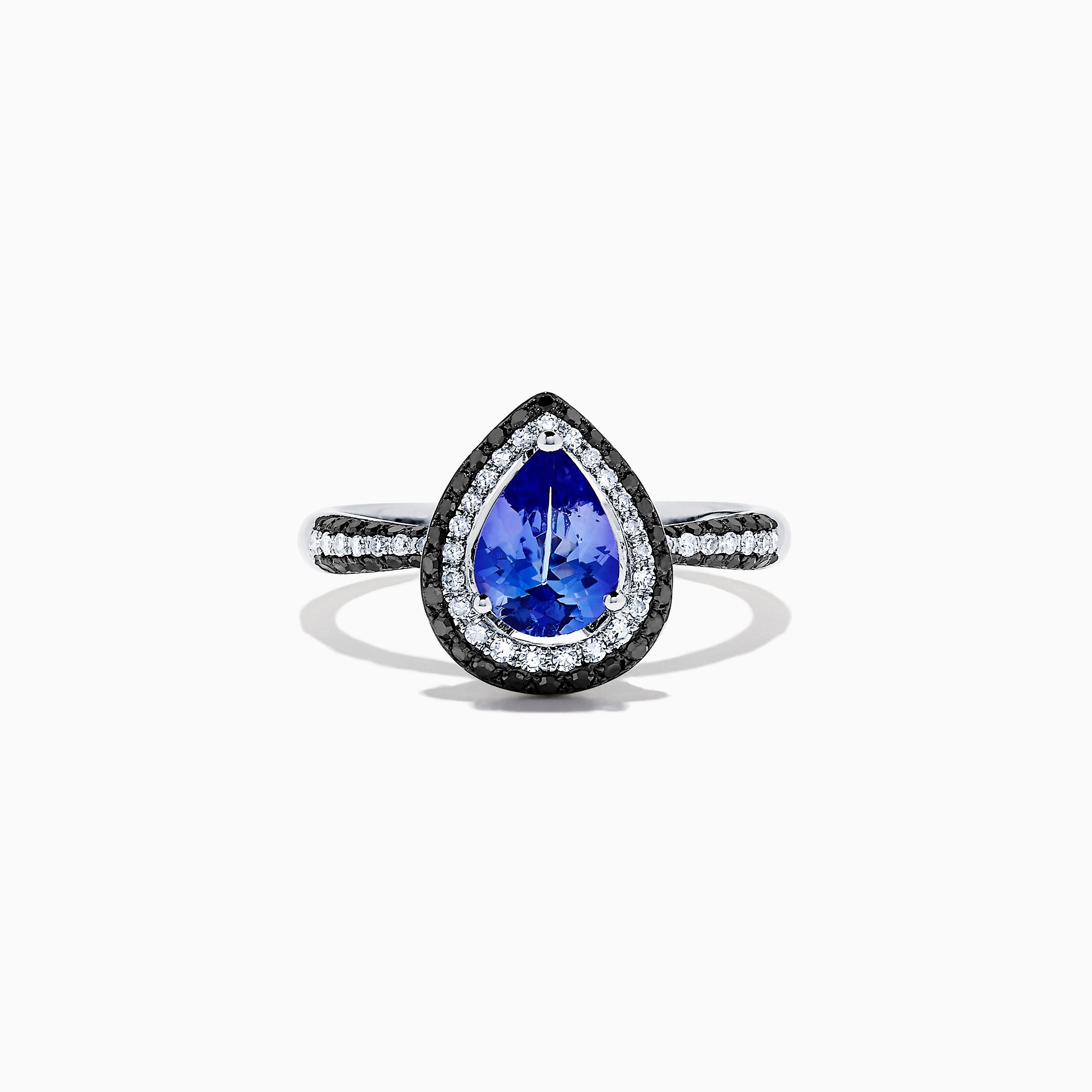 The Nahla Siri 14K White Gold Tanzanite and Diamond Ring, 1.43 TCW, features a pear-shaped blue tanzanite with a halo of white diamonds and diamond accents on the band, displayed on a white background.
