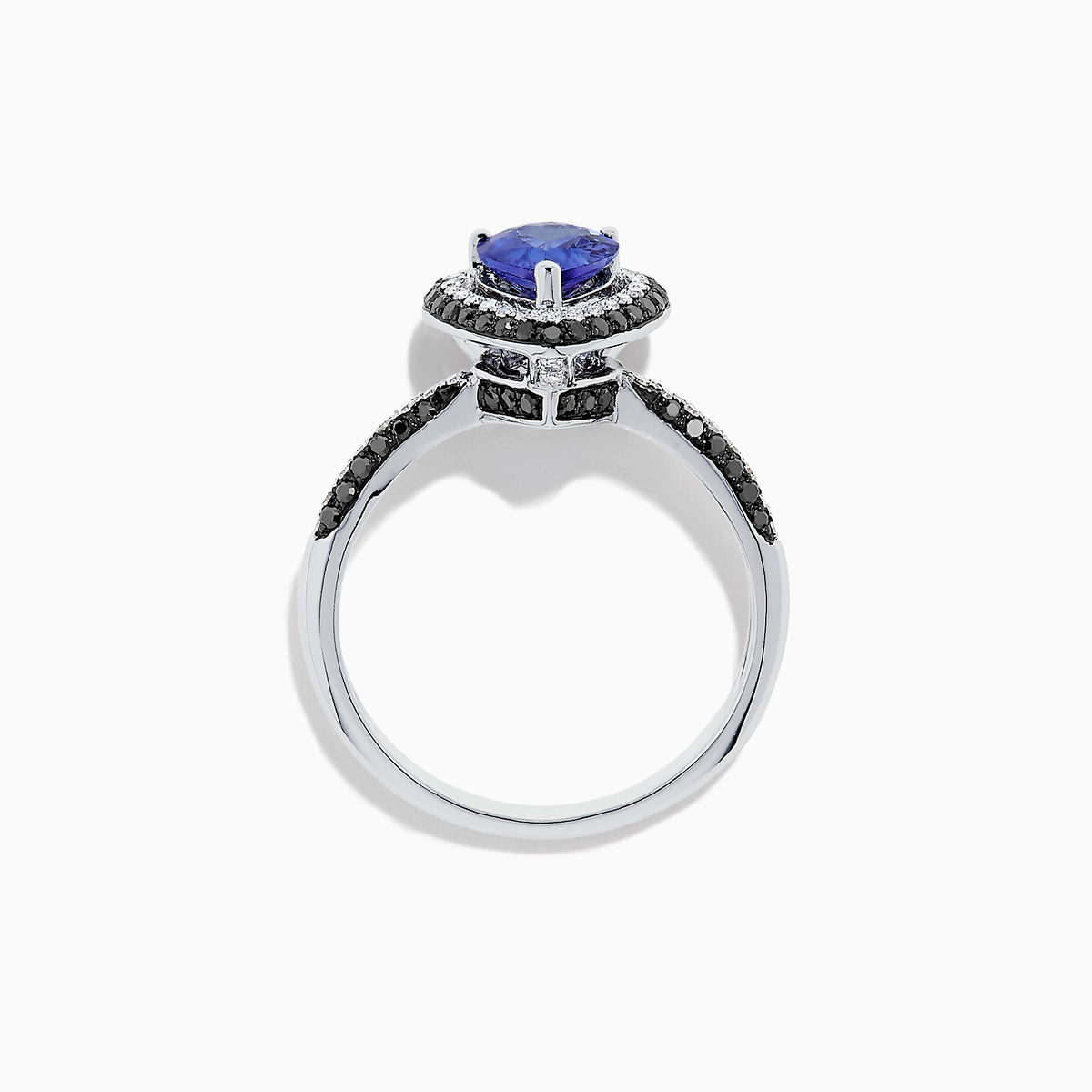 The Nahla Siri 14K White Gold Tanzanite and Diamond Ring, 1.43 TCW, features a pear-shaped blue tanzanite with a halo of white diamonds and diamond accents on the band, displayed on a white background.