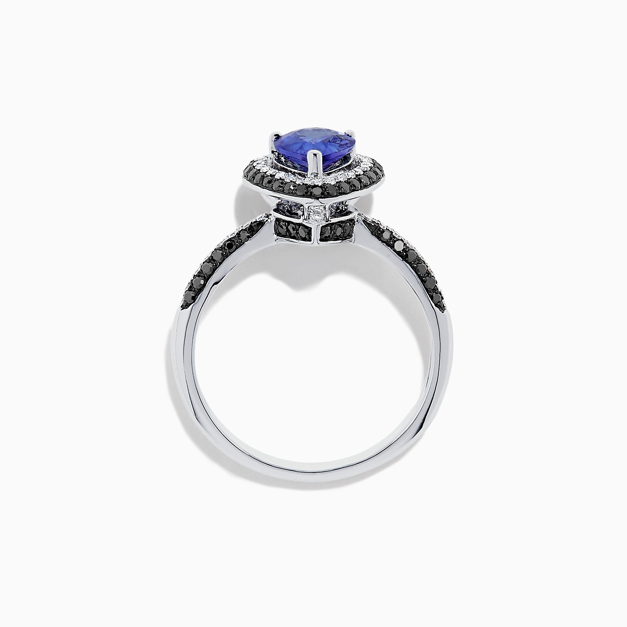 The Nahla Siri 14K White Gold Tanzanite and Diamond Ring, 1.43 TCW, features a pear-shaped blue tanzanite with a halo of white diamonds and diamond accents on the band, displayed on a white background.