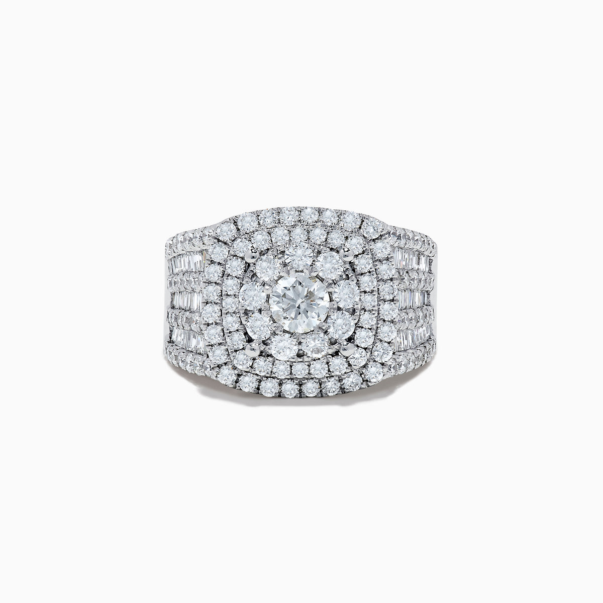 The Bouquet 14K White Gold Diamond Ring features a large round center diamond surrounded by concentric rows of smaller diamonds, with the band also encrusted in sparkling diamonds.