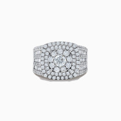 The Bouquet 14K White Gold Diamond Ring features a large round center diamond surrounded by concentric rows of smaller diamonds, with the band also encrusted in sparkling diamonds.