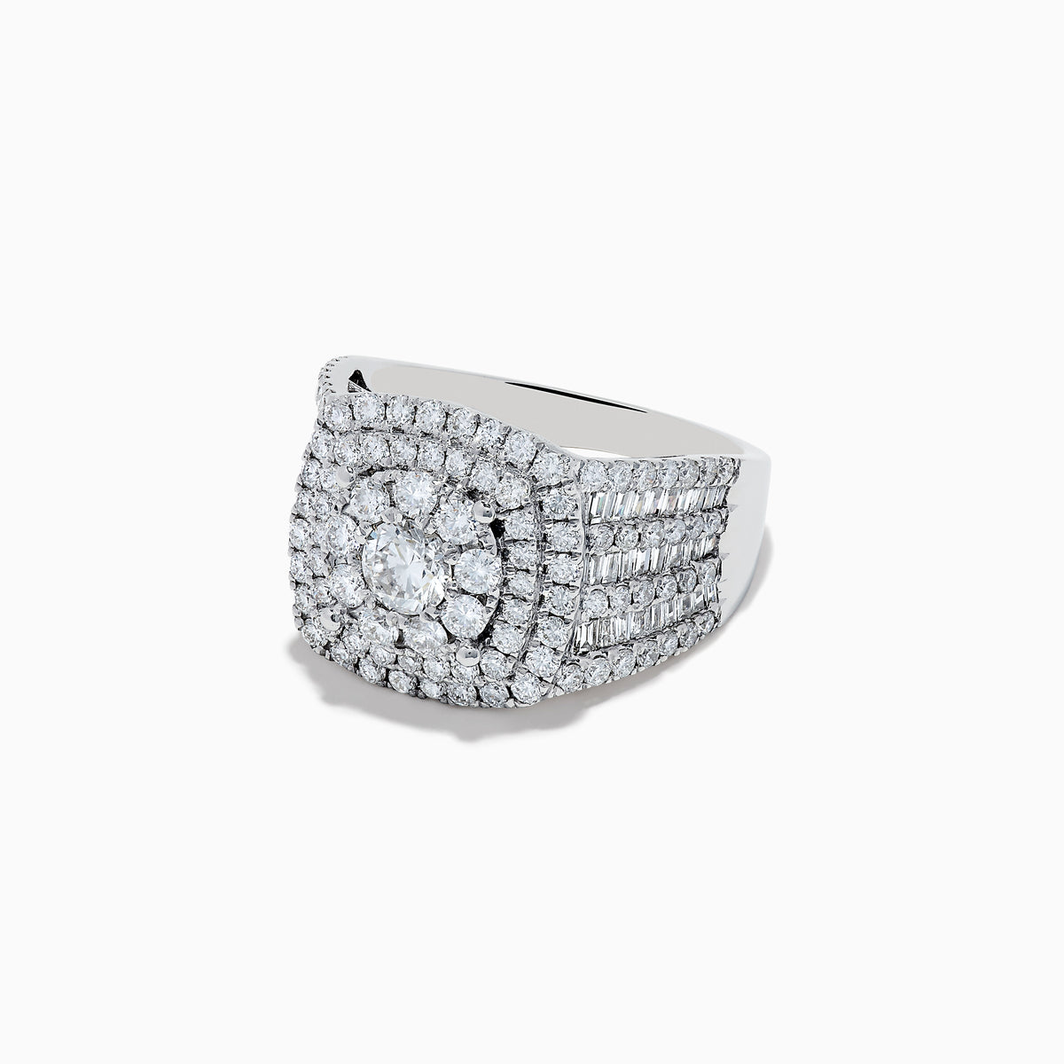 The Bouquet 14K White Gold Diamond Ring features a large round center diamond surrounded by concentric rows of smaller diamonds, with the band also encrusted in sparkling diamonds.