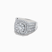 The Bouquet 14K White Gold Diamond Ring features a large round center diamond surrounded by concentric rows of smaller diamonds, with the band also encrusted in sparkling diamonds.