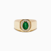 The Mens Brasillica 14K Yellow Gold Diamond and Emerald Ring features an oval green emerald center with a halo of round diamonds, displayed on a plain white background.